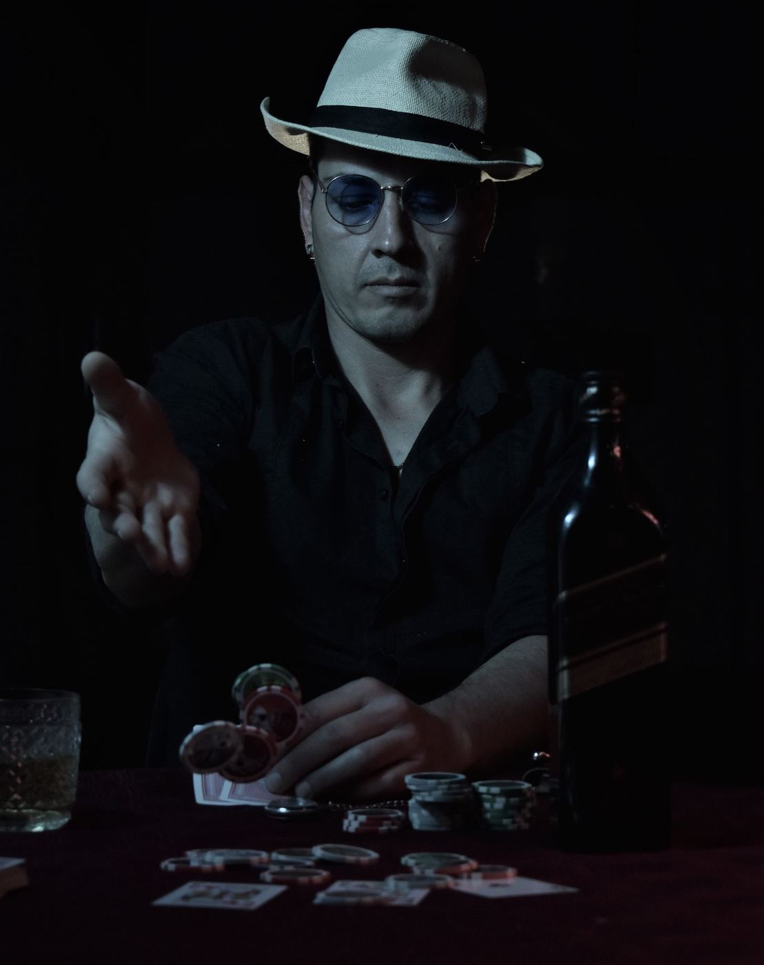 Poker chips scattered across a table mid-game